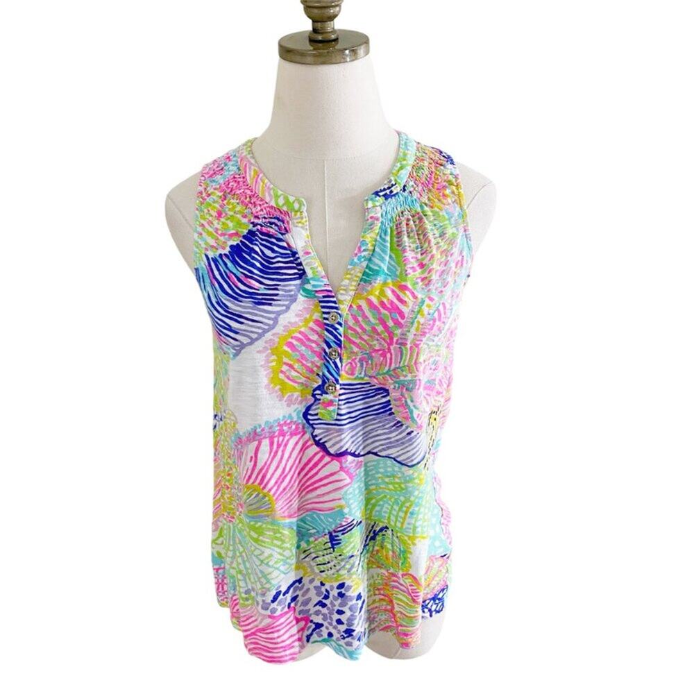 Lilly Pulitzer Multicolor Printed Sleeveless Top V-Neck 100% Cotton Size XS EUC